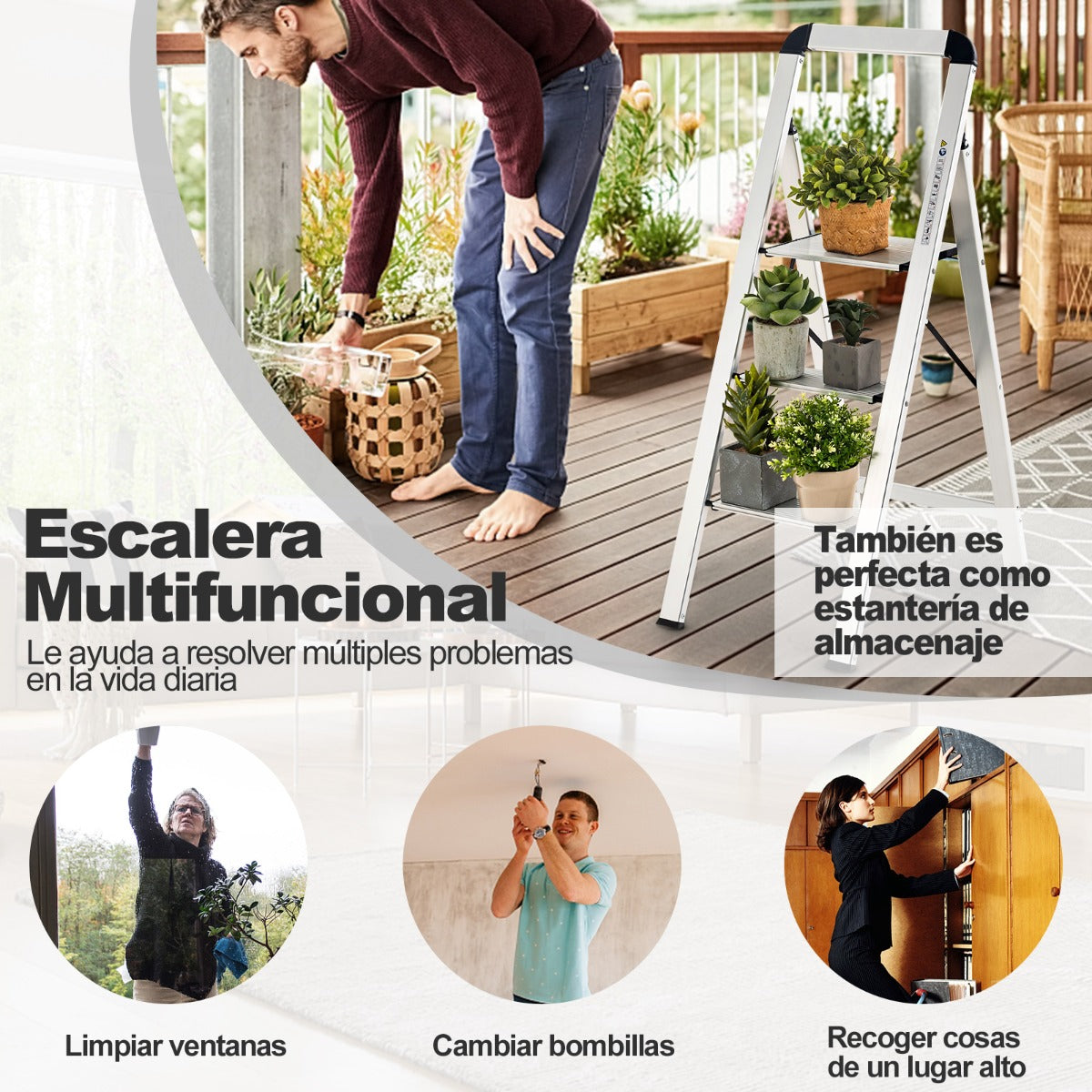 Escalera, Escalera Aluminio, 3 Peldaños, Escalera Plegable, con Pedal y Almohadillas de Pie Antideslizantes, Plateado, Costway, 8