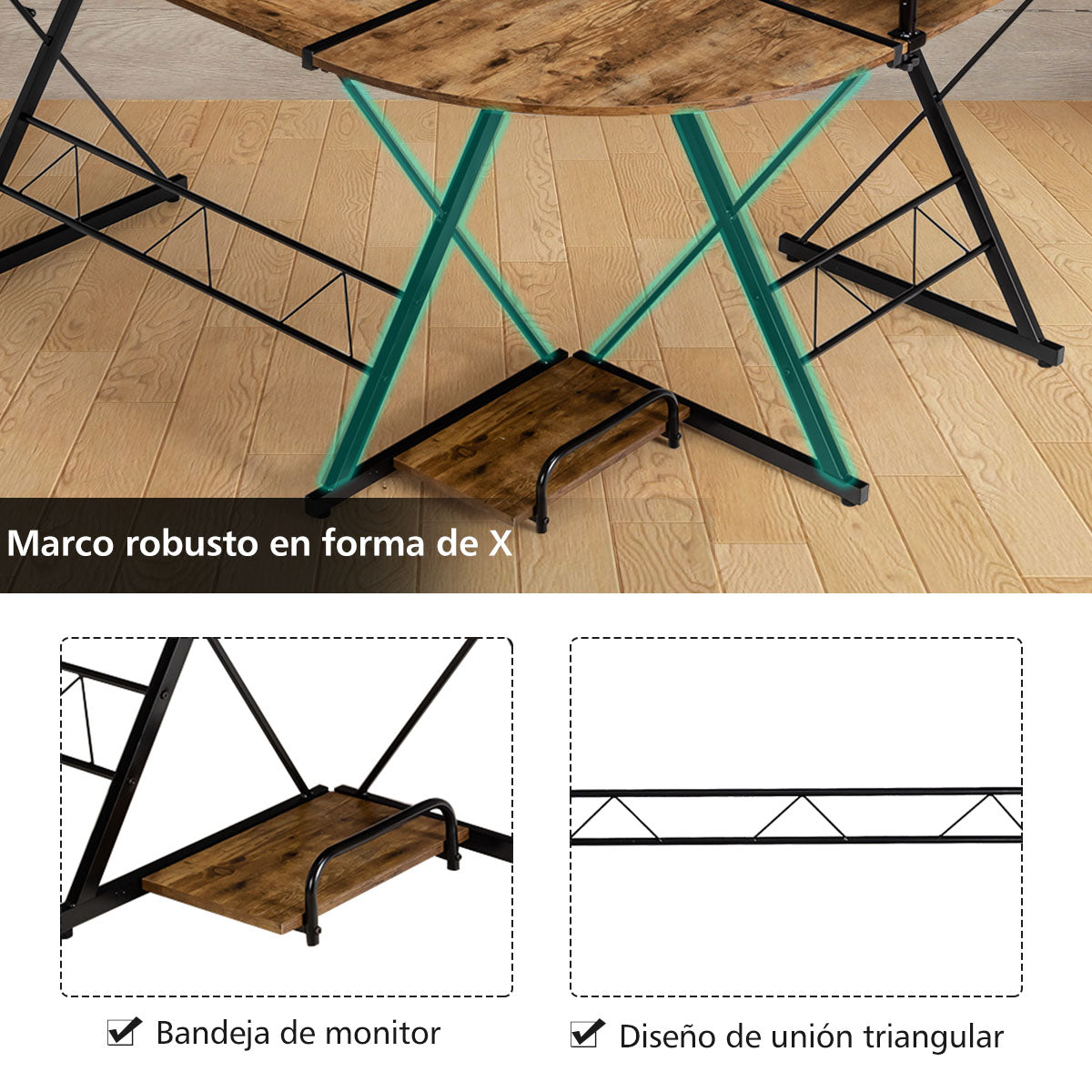 Escritorio Esquinero, Mesa Esquinera, Mesa Ordenador, Mesa Gaming, Mesa Estudio, Mesa de Oficina, Natural, Costway, 8