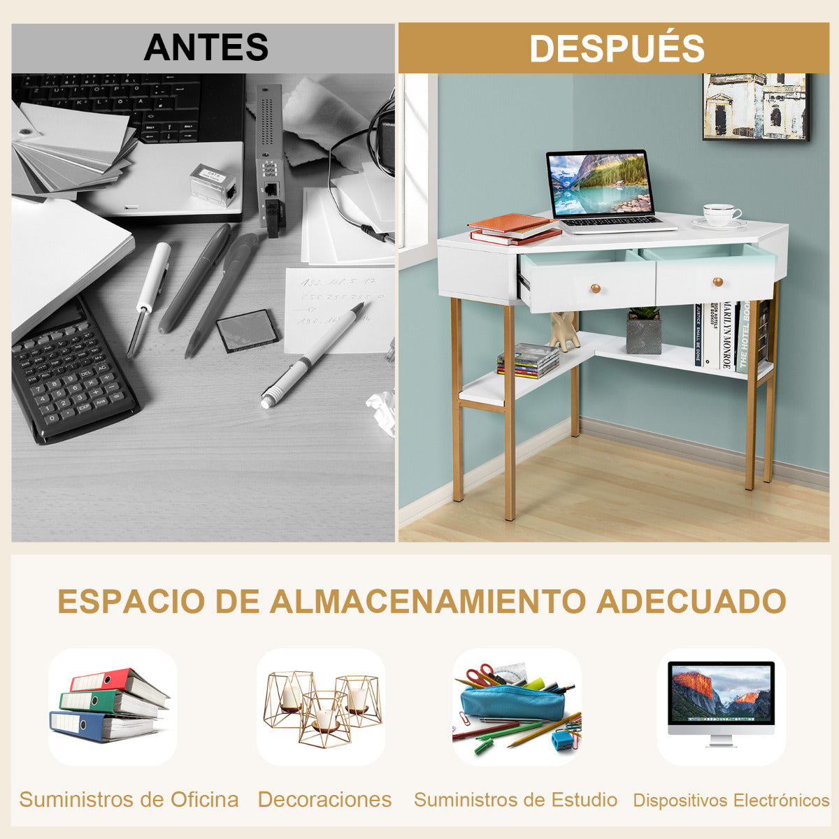 Escritorio Esquinero, Escritorio con Cajones, Escritorio Pequeño, Mesa de Oficina, con 2 Cajones, Blanco, Costway, 6