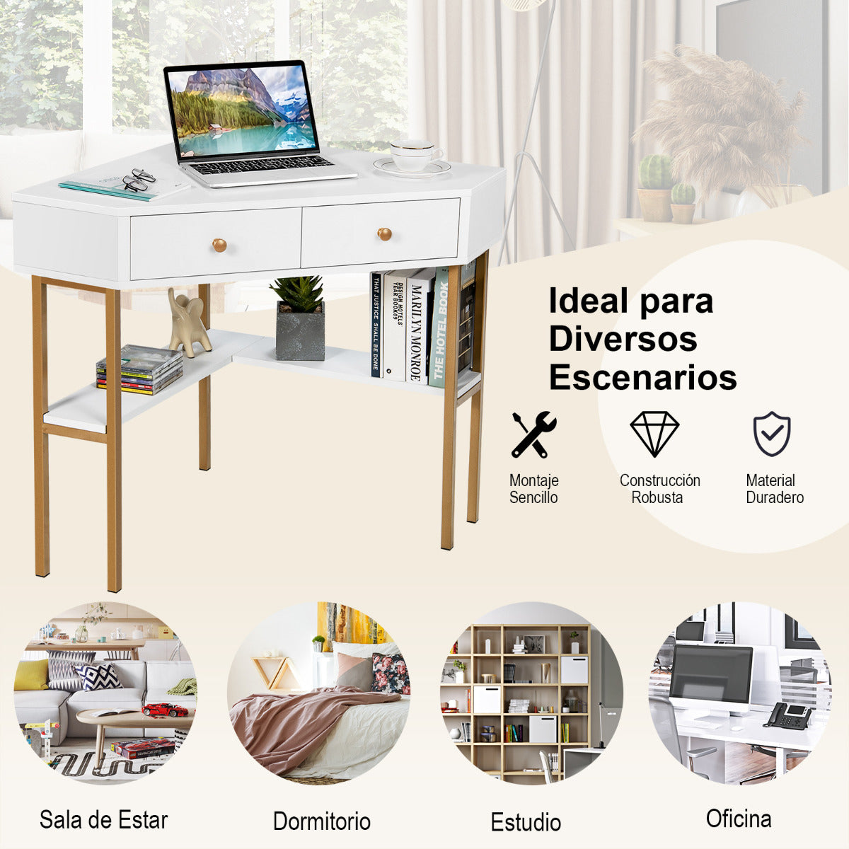 Escritorio Esquinero, Escritorio con Cajones, Escritorio Pequeño, Mesa de Oficina, con 2 Cajones, Blanco, Costway, 7