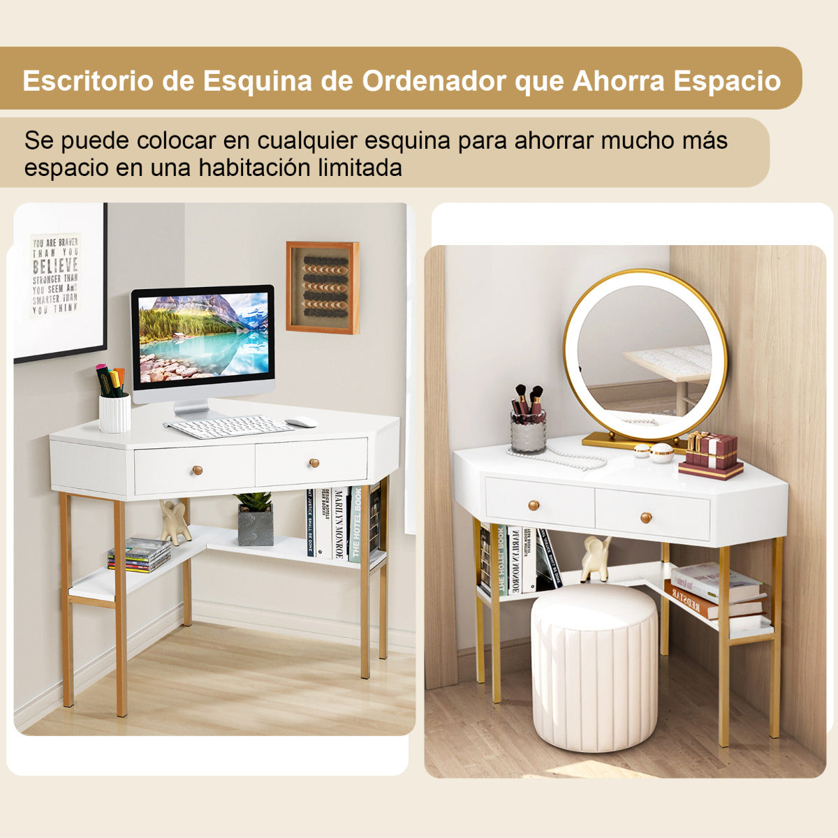 Escritorio Esquinero, Escritorio con Cajones, Escritorio Pequeño, Mesa de Oficina, con 2 Cajones, Blanco, Costway, 5