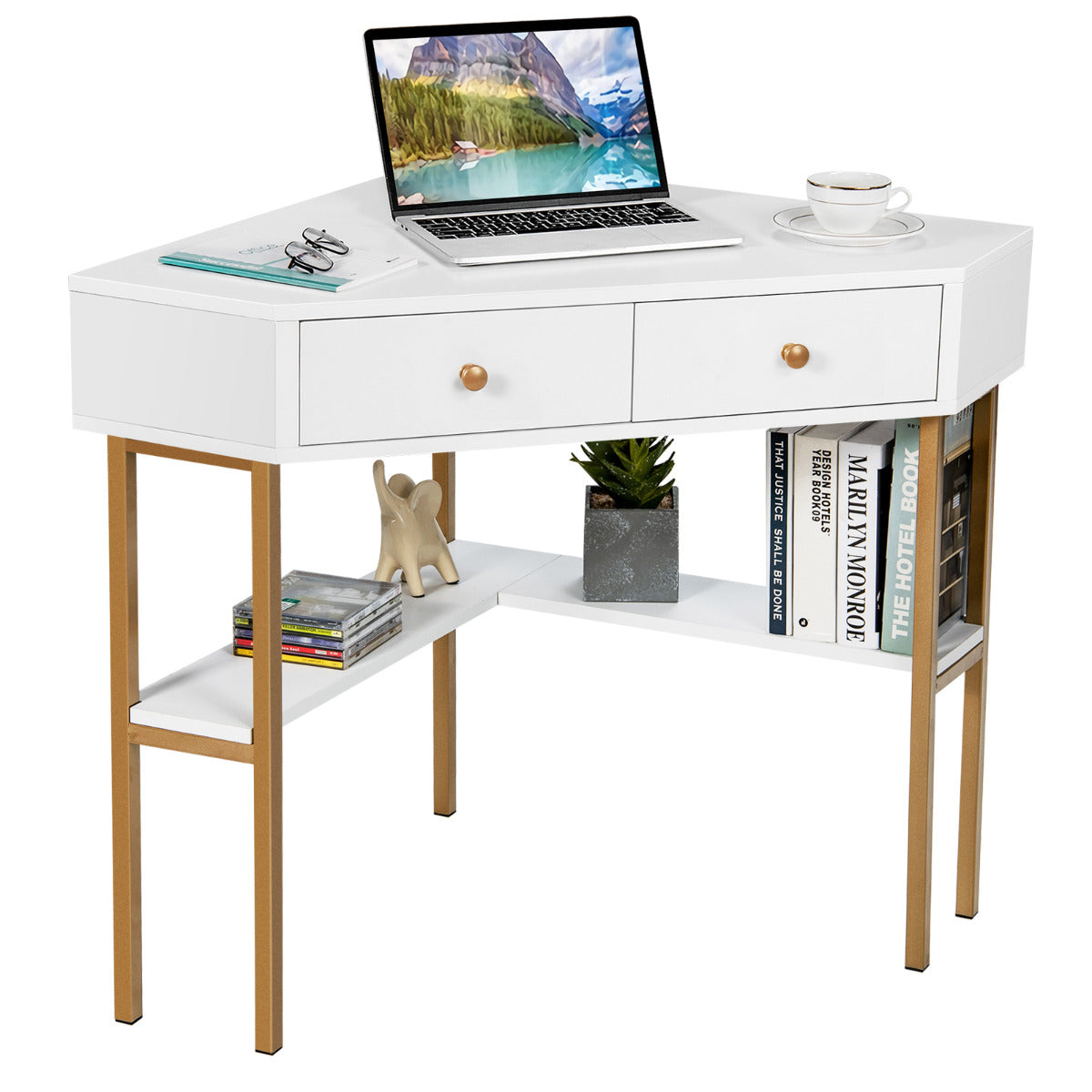 Escritorio Esquinero, Escritorio con Cajones, Escritorio Pequeño, Mesa de Oficina, con 2 Cajones, Blanco, Costway, 1