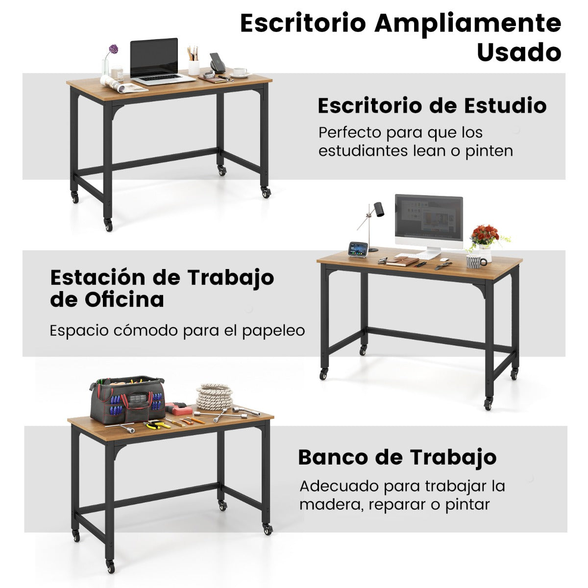Mesa Estudio, Mesa Escritorio, Escritorio Ordenador, con Ruedas, Mesa de Oficina, Natural, Costway, 8