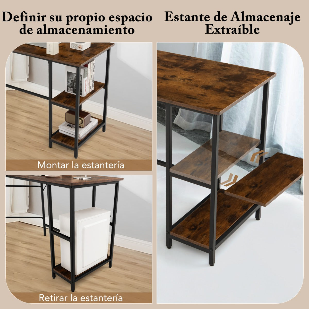 Escritorio Esquinero, Mesa Esquinera, Mesa de Ordenador, Marco de Acero Carbono, Estante de 2 Niveles, Marrón, Costway, 7