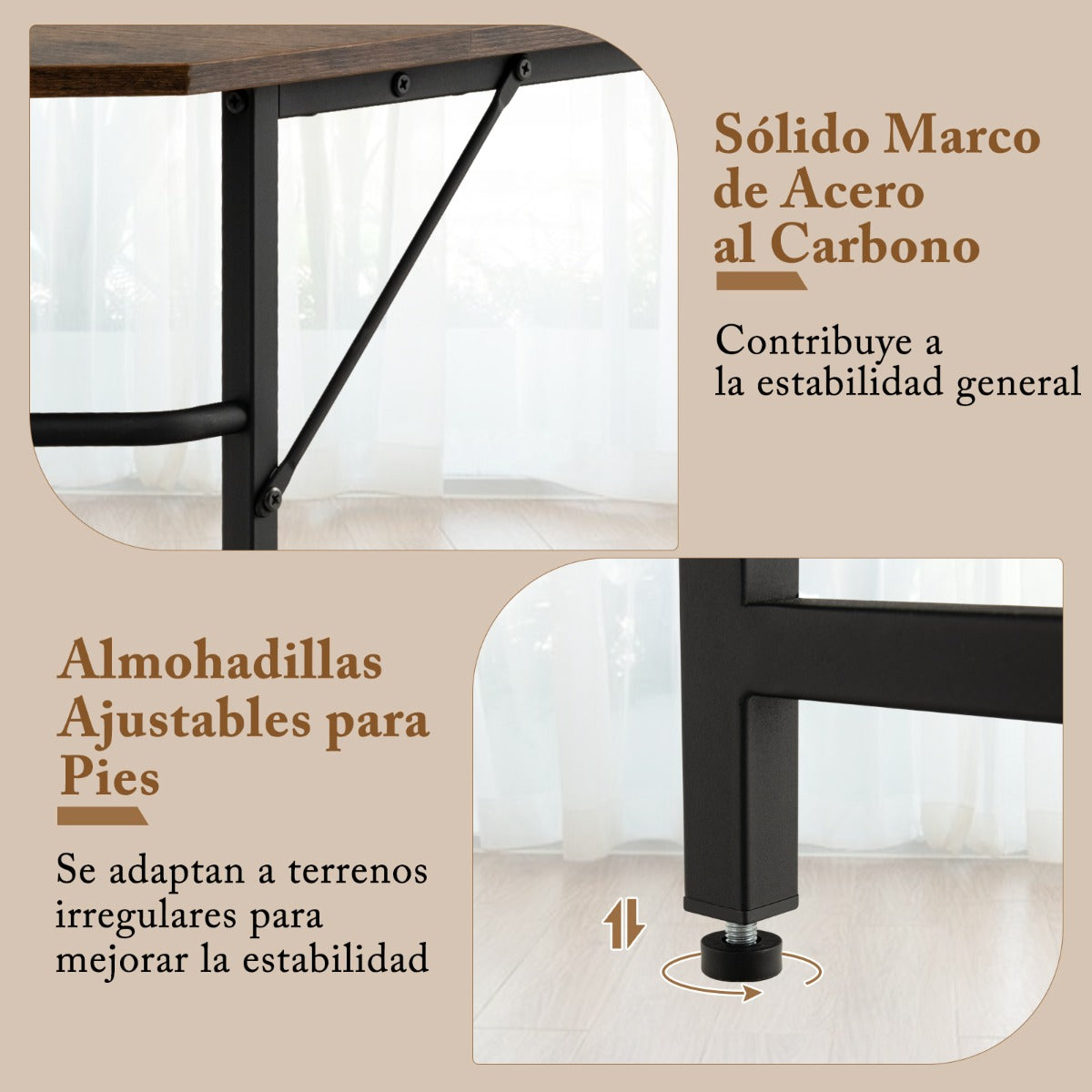 Escritorio Esquinero, Mesa Esquinera, Mesa de Ordenador, Marco de Acero Carbono, Estante de 2 Niveles, Marrón, Costway, 8