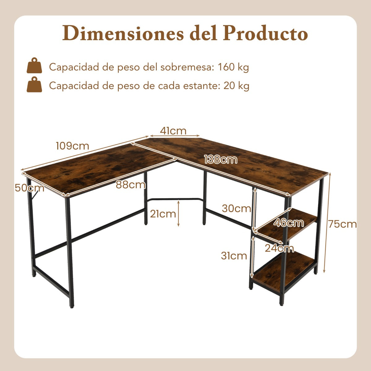 Escritorio Esquinero, Mesa Esquinera, Mesa de Ordenador, Marco de Acero Carbono, Estante de 2 Niveles, Marrón, Costway, 3