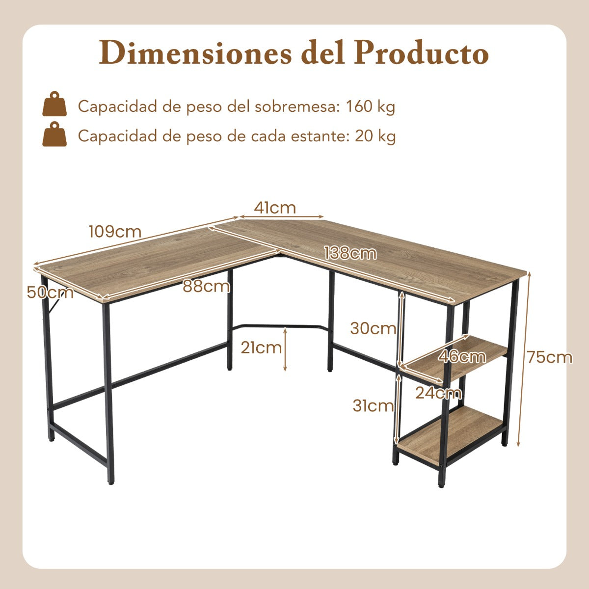 Escritorio Esquinero, Mesa Esquinera, Mesa de Ordenador, Mesa de Oficina, Estante de 2 Niveles, Natural, Costway, 3