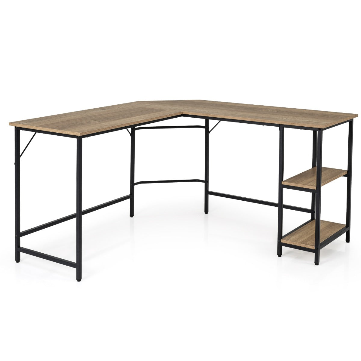 Escritorio Esquinero, Mesa Esquinera, Mesa de Ordenador, Mesa de Oficina, Estante de 2 Niveles, Natural, Costway, 1