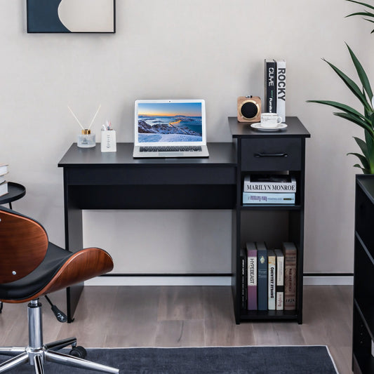 Mesa Escritorio, Escritorio Pequeño, Mesa Estudio, Escritorio con Cajone, Soporte de CPU, 2 Niveles, Negro, Costway, 2