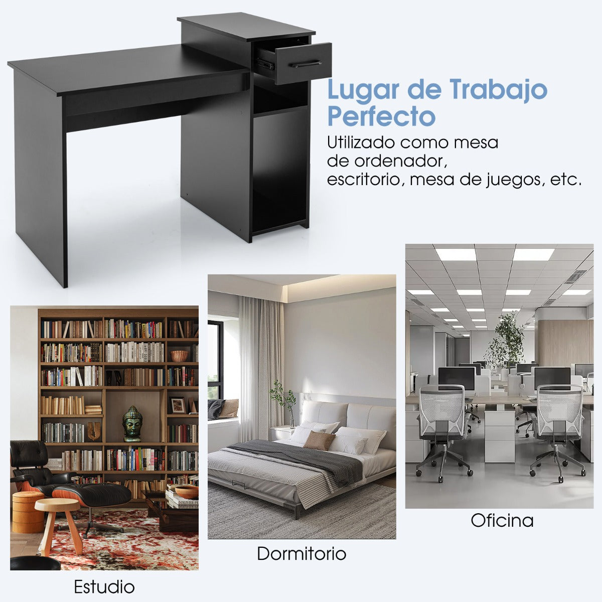 Mesa Escritorio, Escritorio Pequeño, Mesa Estudio, Escritorio con Cajone, Soporte de CPU, 2 Niveles, Negro, Costway, 8