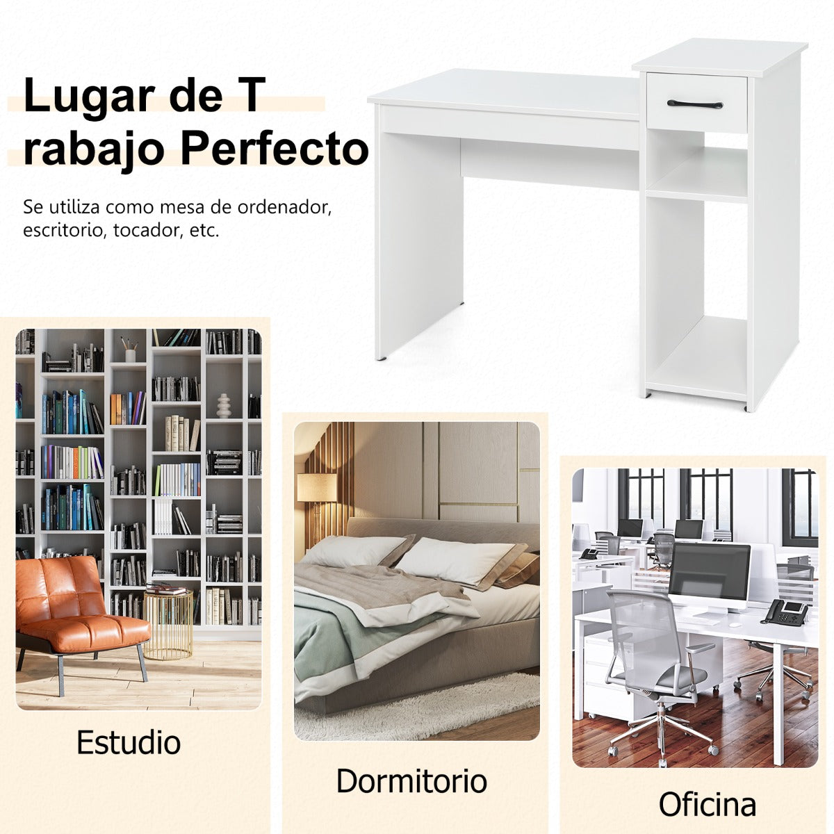 Mesa Escritorio, Escritorio Pequeño, Mesa Estudio, Escritorio con Cajone, Soporte de CPU, 2 Niveles, Blanco, Costway, 8