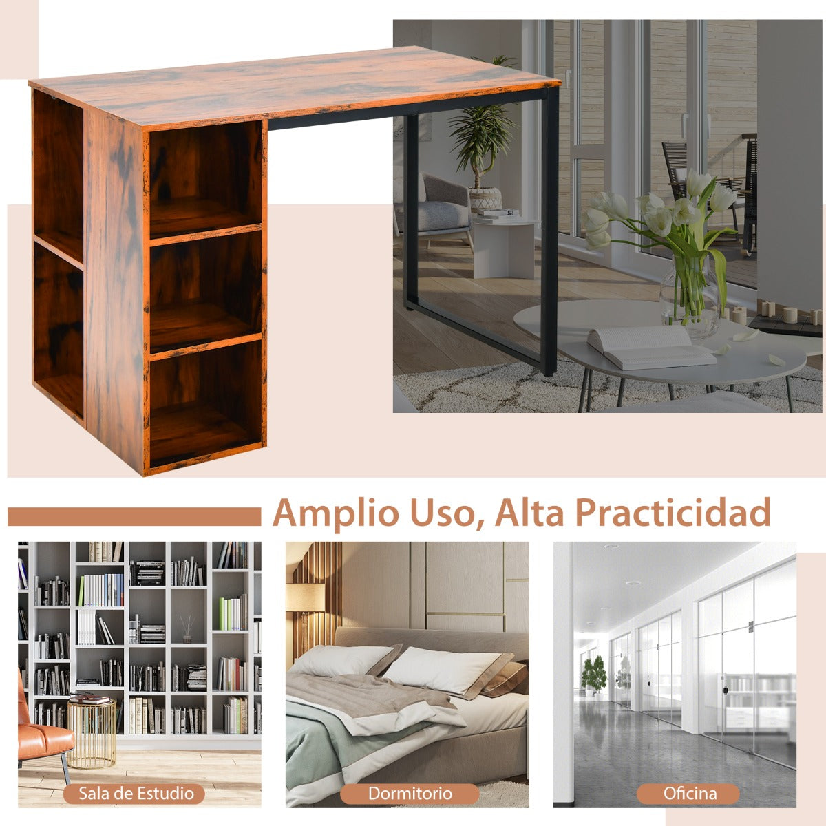 Mesa Escritorio, Mesa de Oficina, Mesa Ordenador, con 5 Estantes, Marco de Metal Mesa Despacho Ahorra Espacio, Marrón, Costway, 8