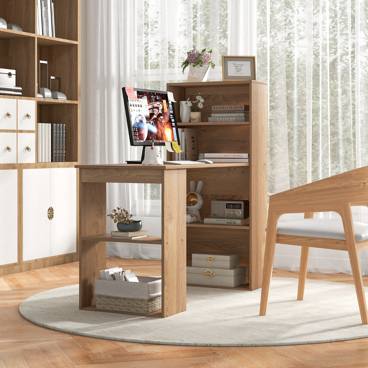 Mesa Estudio, Mesa Escritorio, Escritorio Ordenador, Mesa de Oficina, con Estantería de Almacenamiento, Natural, Costway, 4