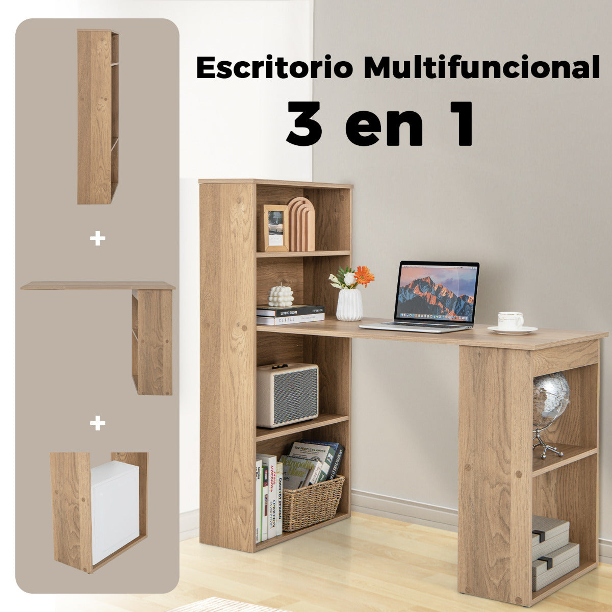 Mesa Estudio, Mesa Escritorio, Escritorio Ordenador, Mesa de Oficina, con Estantería de Almacenamiento, Natural, Costway, 6