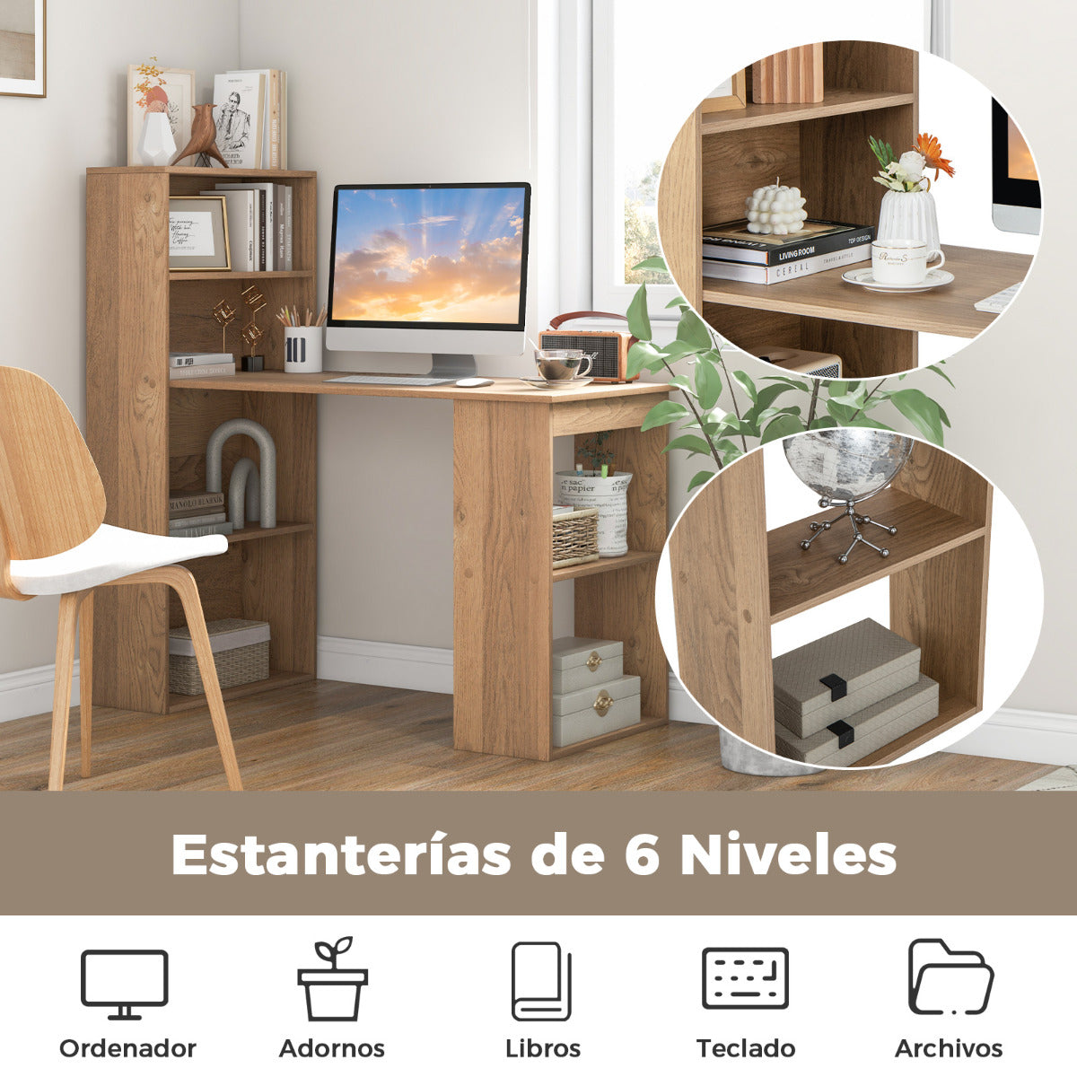 Mesa Estudio, Mesa Escritorio, Escritorio Ordenador, Mesa de Oficina, con Estantería de Almacenamiento, Natural, Costway, 7