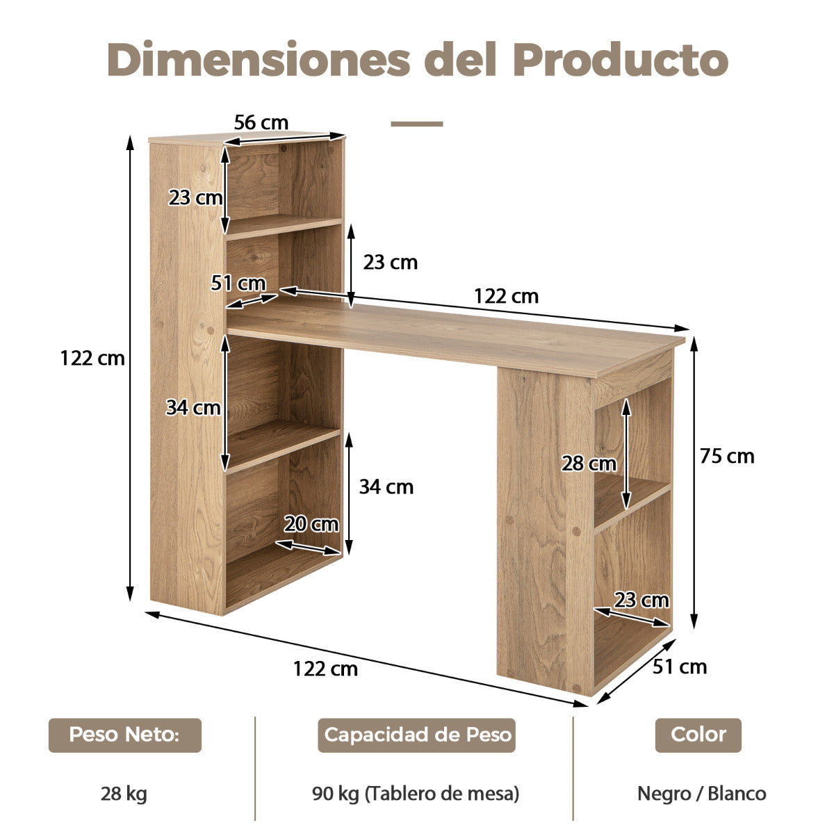 Mesa Estudio, Mesa Escritorio, Escritorio Ordenador, Mesa de Oficina, con Estantería de Almacenamiento, Natural, Costway, 3