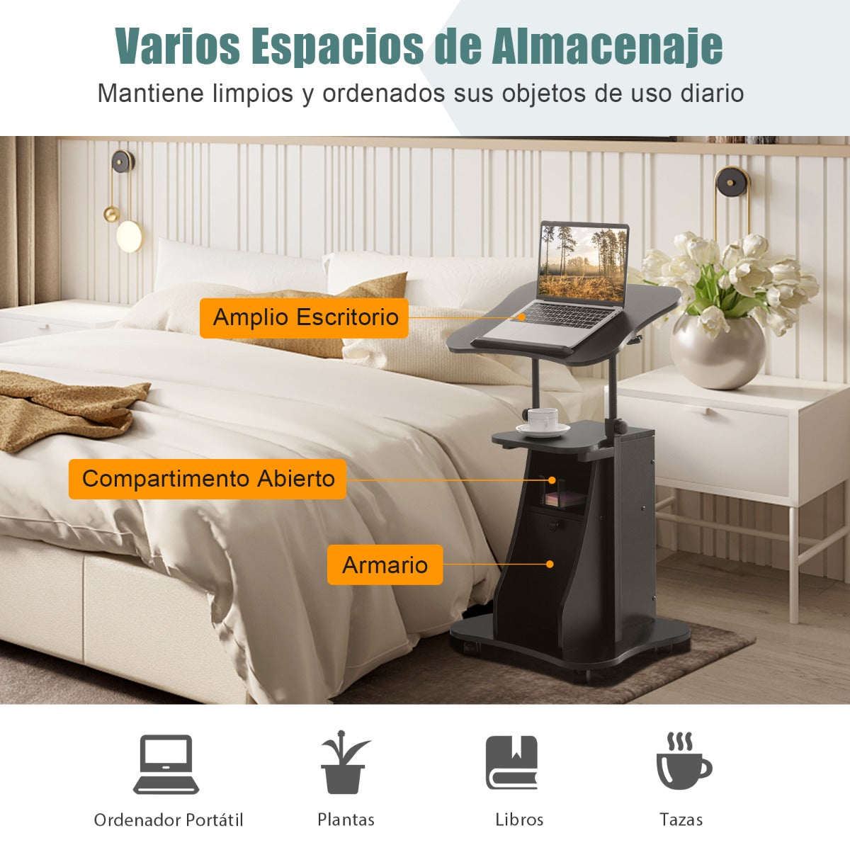 Escritorio pequeño, Escritorio elevable, Mesa estudio, con Ruedas, para Sentarse/Pararse, Negro, Costway, 8