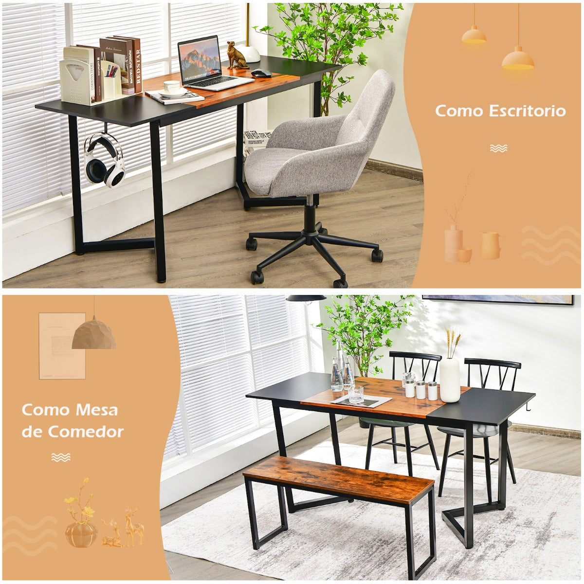 Mesa Estudio, Mesa Escritorio, Escritorio Ordenador, con Estructura de Metal, Negro, Costway, 5