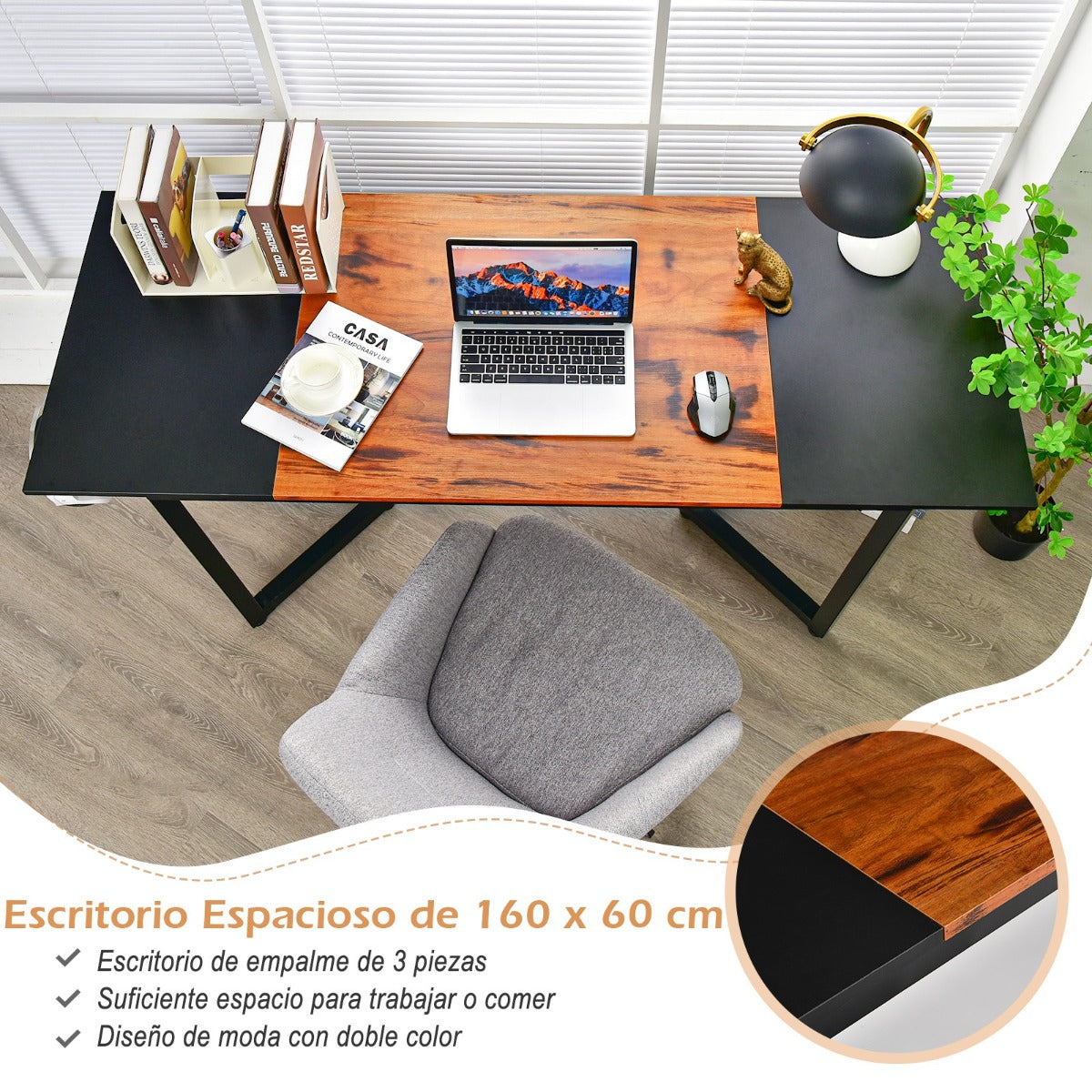 Mesa Estudio, Mesa Escritorio, Escritorio Ordenador, con Estructura de Metal, Negro, Costway, 6