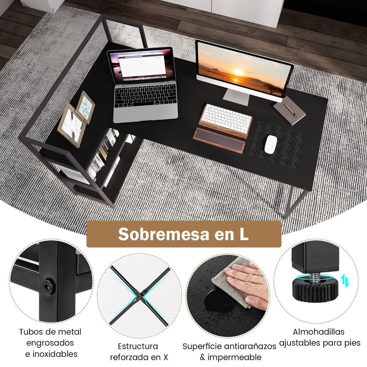 Escritorio con Estanteria, Mesa Ordenador, Mesa Estudio, Escritorio Esquinero, Reversible, Negro, Costway, 7