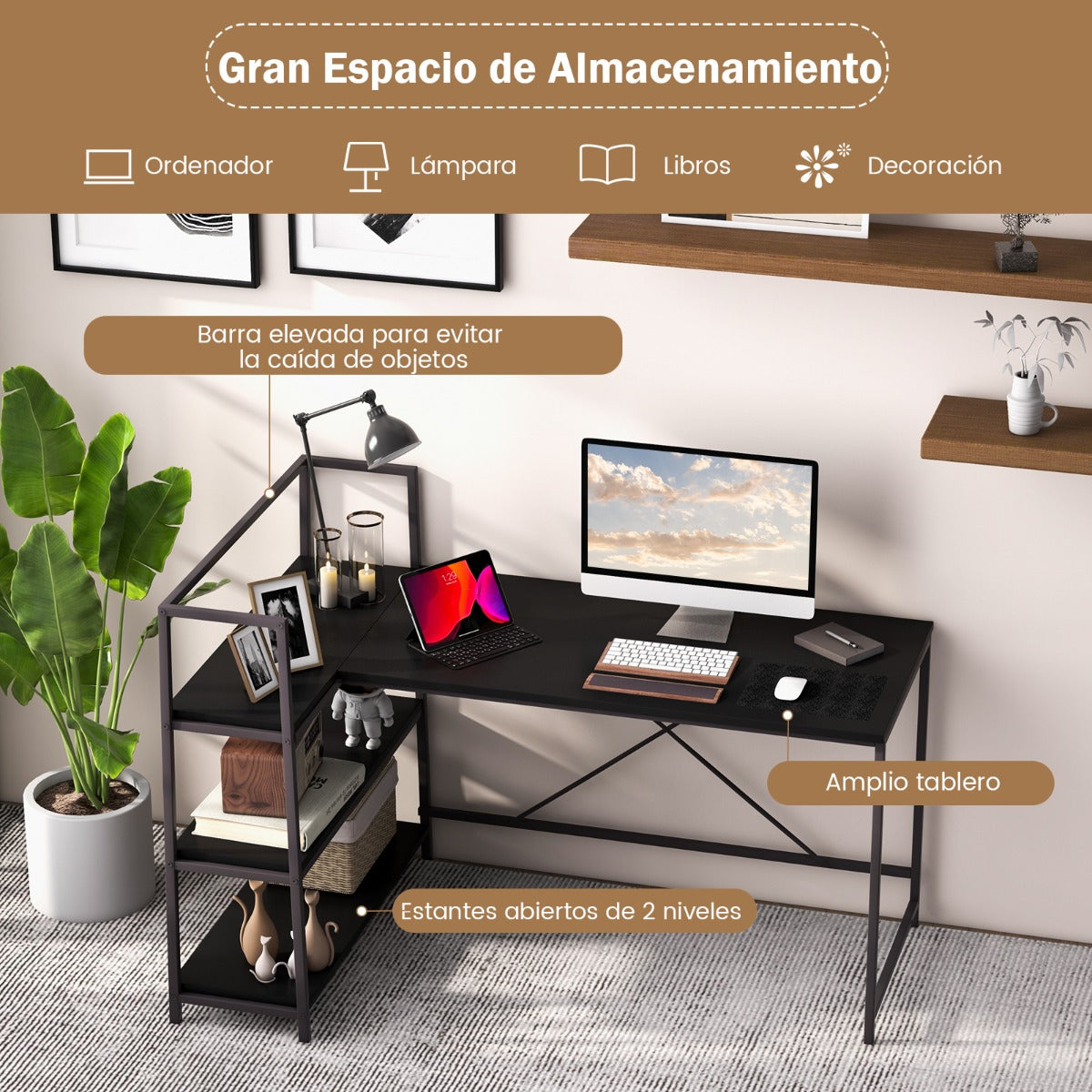 Escritorio con Estanteria, Mesa Ordenador, Mesa Estudio, Escritorio Esquinero, Reversible, Negro, Costway, 8