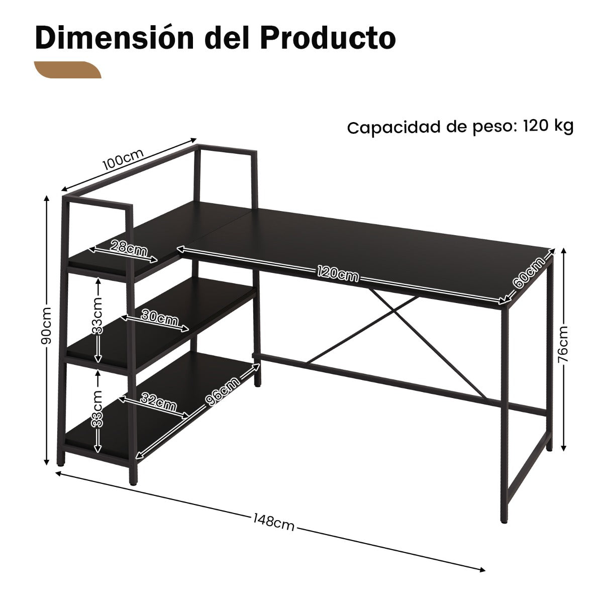 Escritorio con Estanteria, Mesa Ordenador, Mesa Estudio, Escritorio Esquinero, Reversible, Negro, Costway, 3