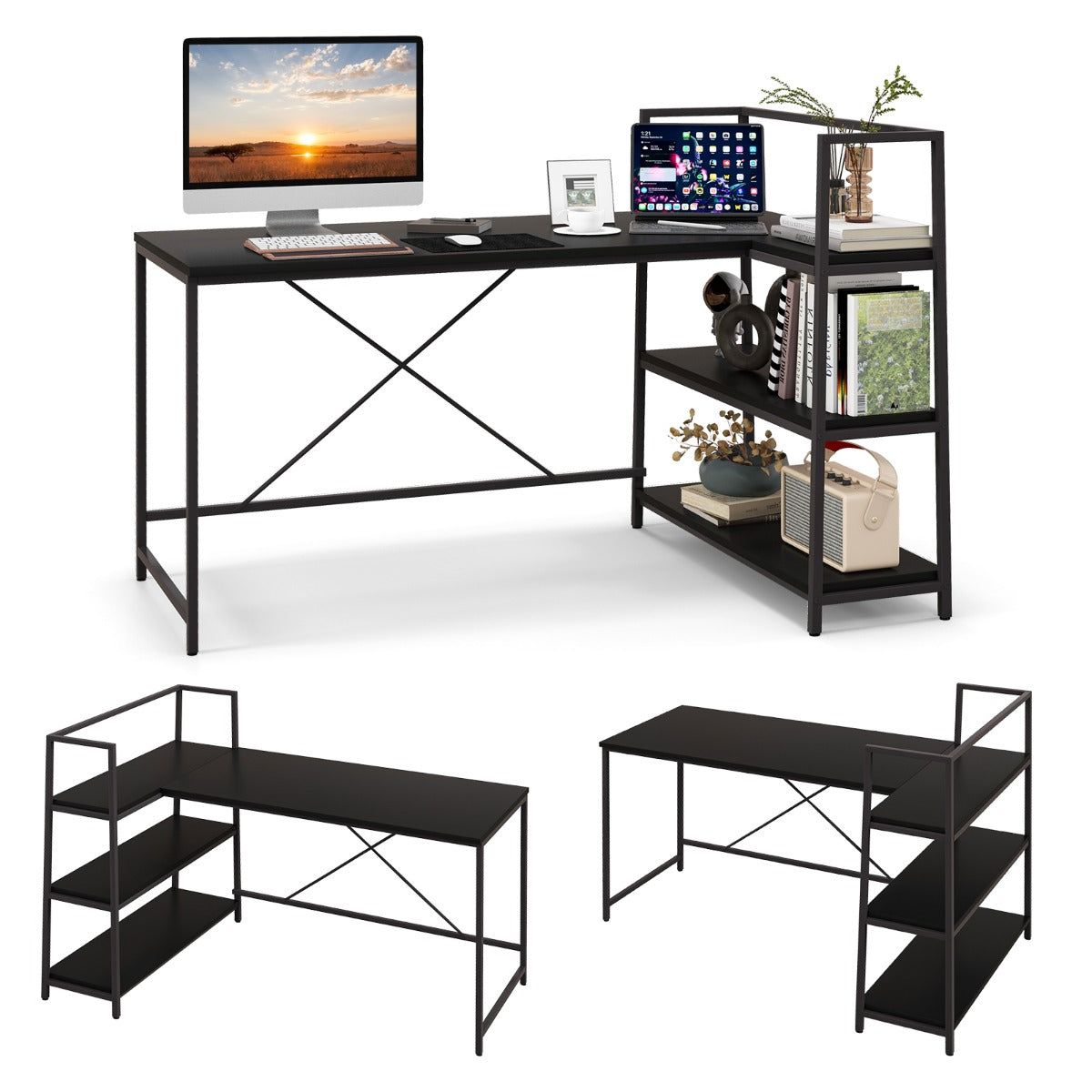 Escritorio con Estanteria, Mesa Ordenador, Mesa Estudio, Escritorio Esquinero, Reversible, Negro, Costway, 1