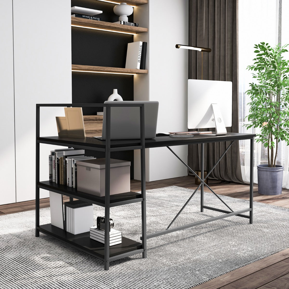 Escritorio con Estanteria, Mesa Ordenador, Mesa Estudio, Escritorio Esquinero, Reversible, Negro, Costway, 4