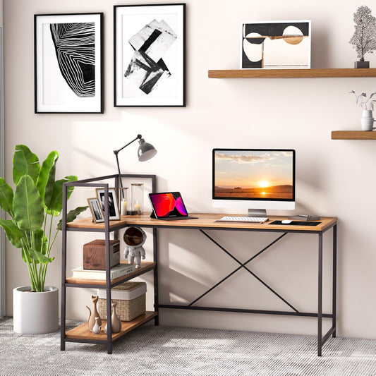 Escritorio con Estanteria, Mesa Ordenador, Mesa Estudio, Escritorio Esquinero, Reversible, Nuez, Costway, 2