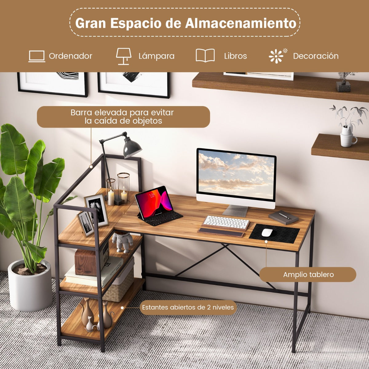 Escritorio con Estanteria, Mesa Ordenador, Mesa Estudio, Escritorio Esquinero, Reversible, Nuez, Costway, 8