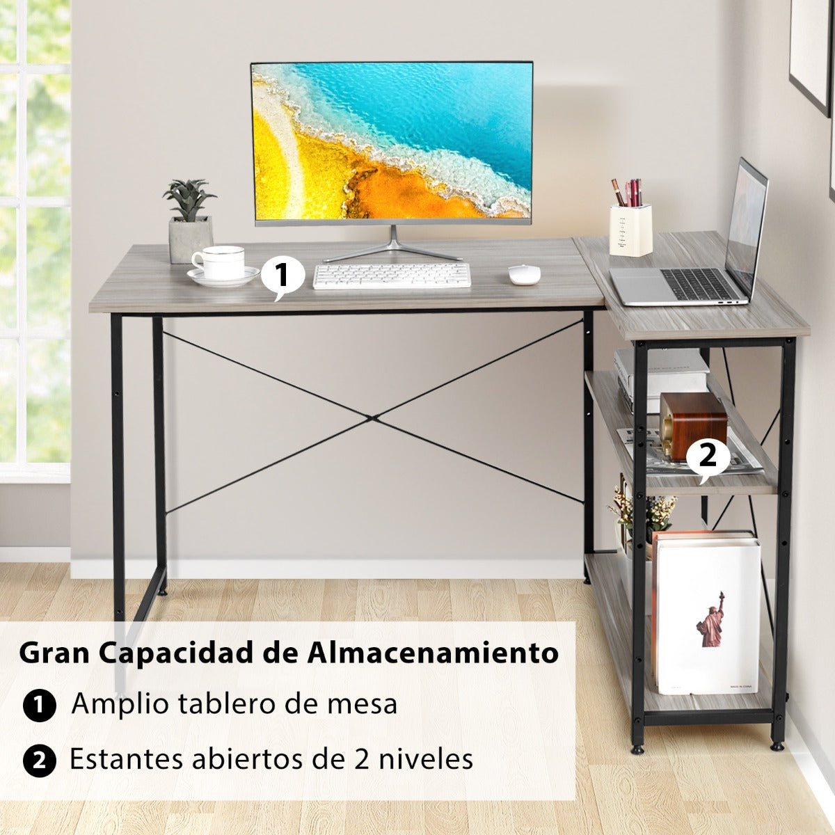 Escritorio Esquinero, Mesa Estudio, Mesa Esquinera, Mesa Ordenador, con Estantes de Almacenamiento, Gris, Costway, 6