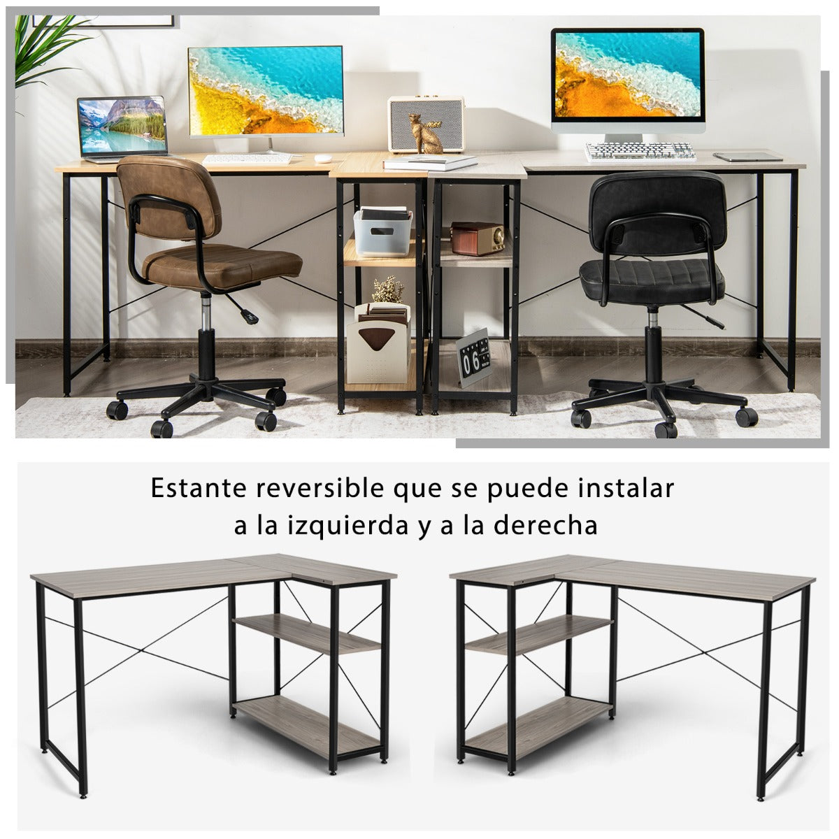 Escritorio Esquinero, Mesa Estudio, Mesa Esquinera, Mesa Ordenador, con Estantes de Almacenamiento, Gris, Costway, 8