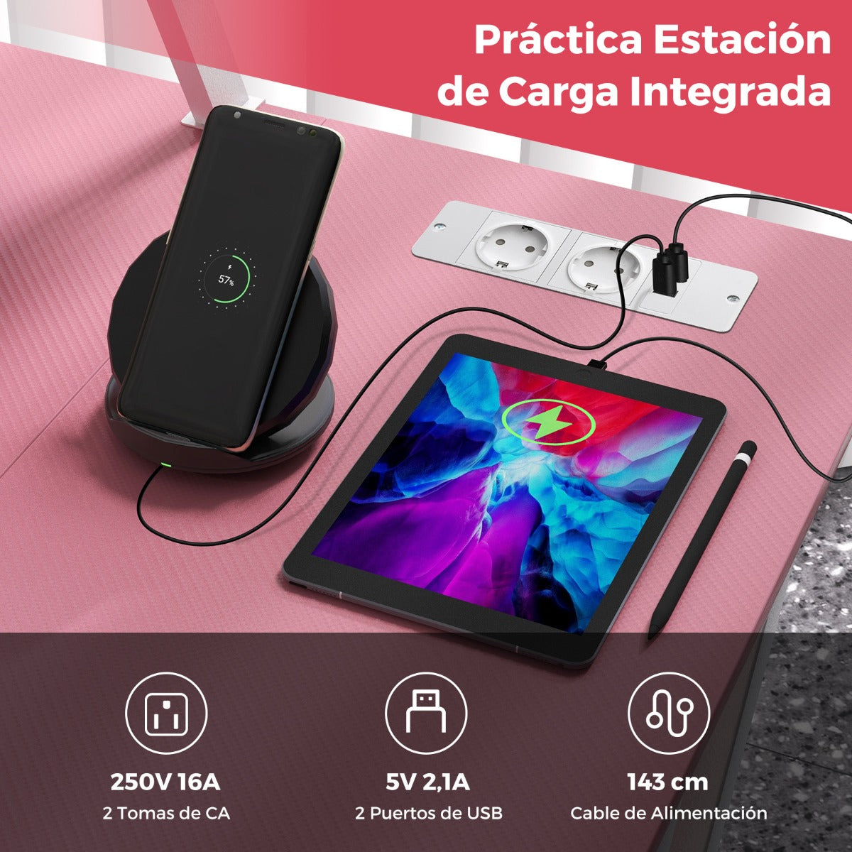 Escritorio Esquinero, Mesa Ordenador, Mesa Estudio, con Tomas de Corriente, Puertos USB, Rosa, Costway, 5