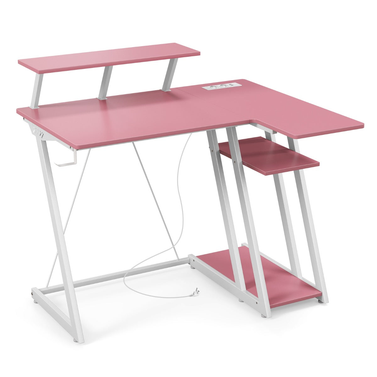 Escritorio Esquinero, Mesa Ordenador, Mesa Estudio, con Tomas de Corriente, Puertos USB, Rosa, Costway, 1