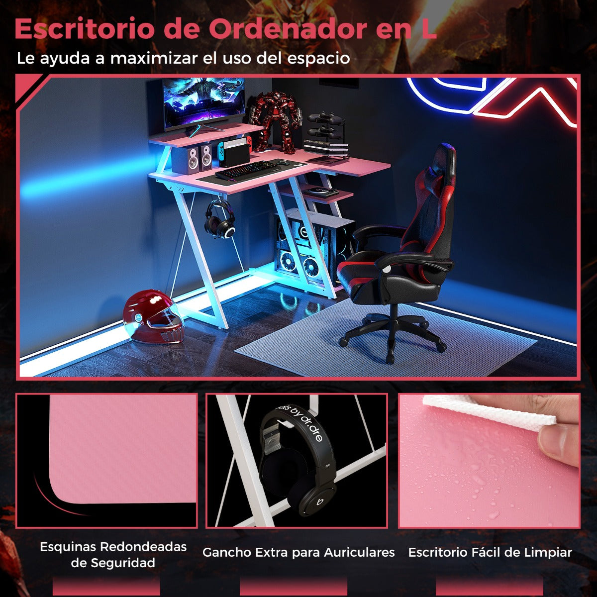 Escritorio Esquinero, Mesa Ordenador, Mesa Estudio, con Tomas de Corriente, Puertos USB, Rosa, Costway, 6