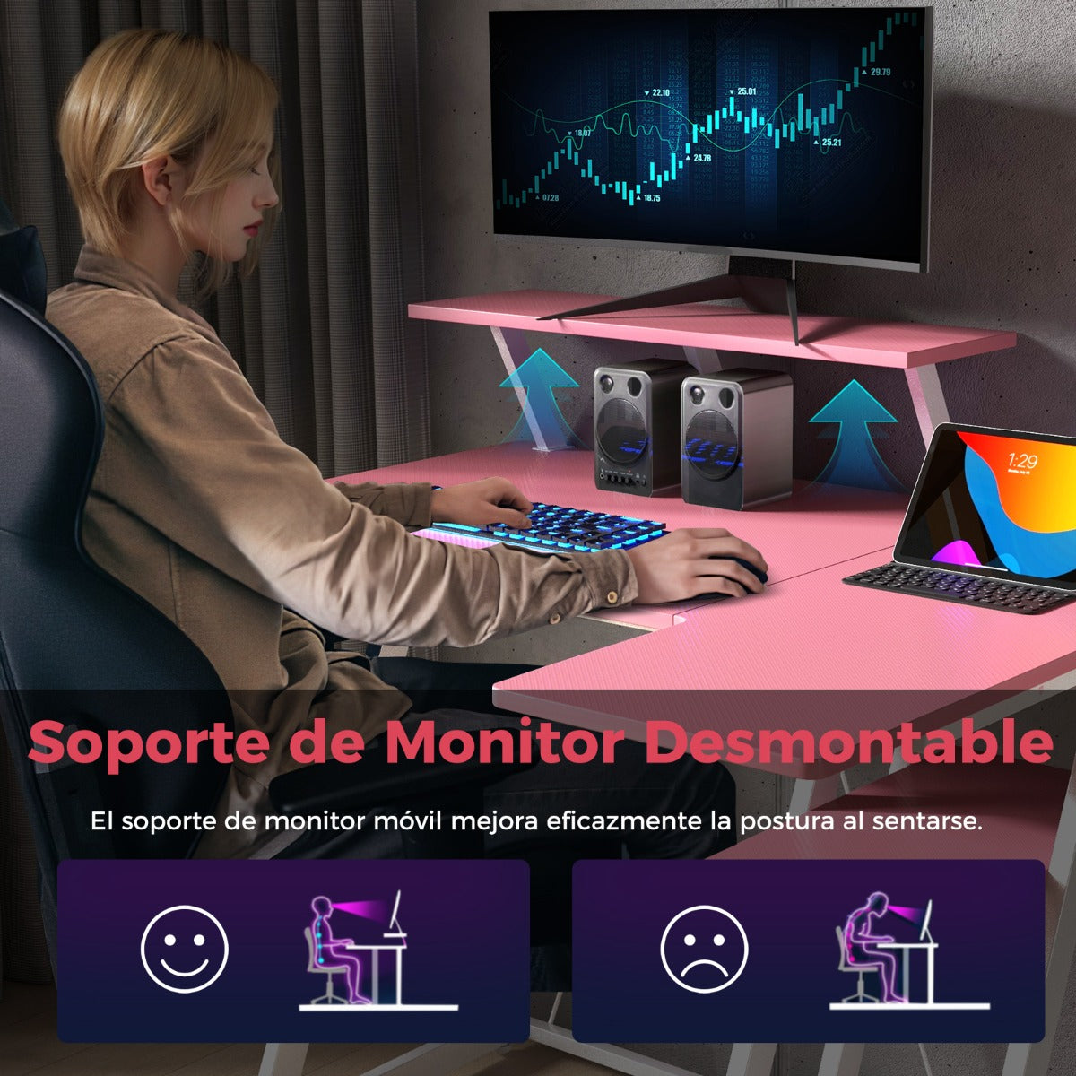 Escritorio Esquinero, Mesa Ordenador, Mesa Estudio, con Tomas de Corriente, Puertos USB, Rosa, Costway, 7