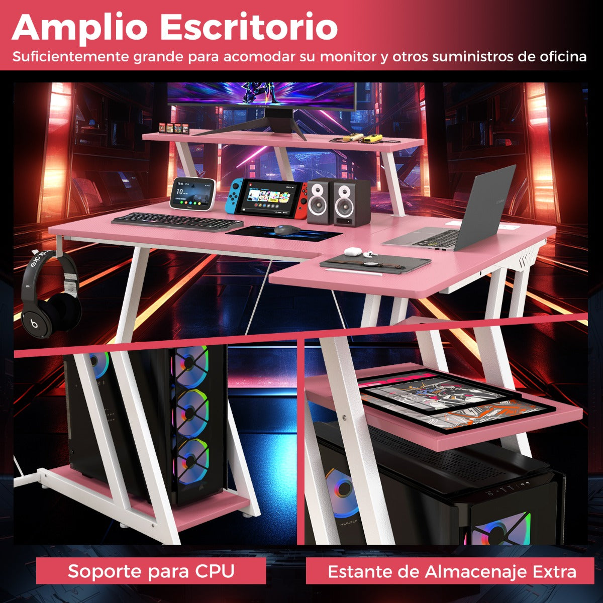 Escritorio Esquinero, Mesa Ordenador, Mesa Estudio, con Tomas de Corriente, Puertos USB, Rosa, Costway, 8