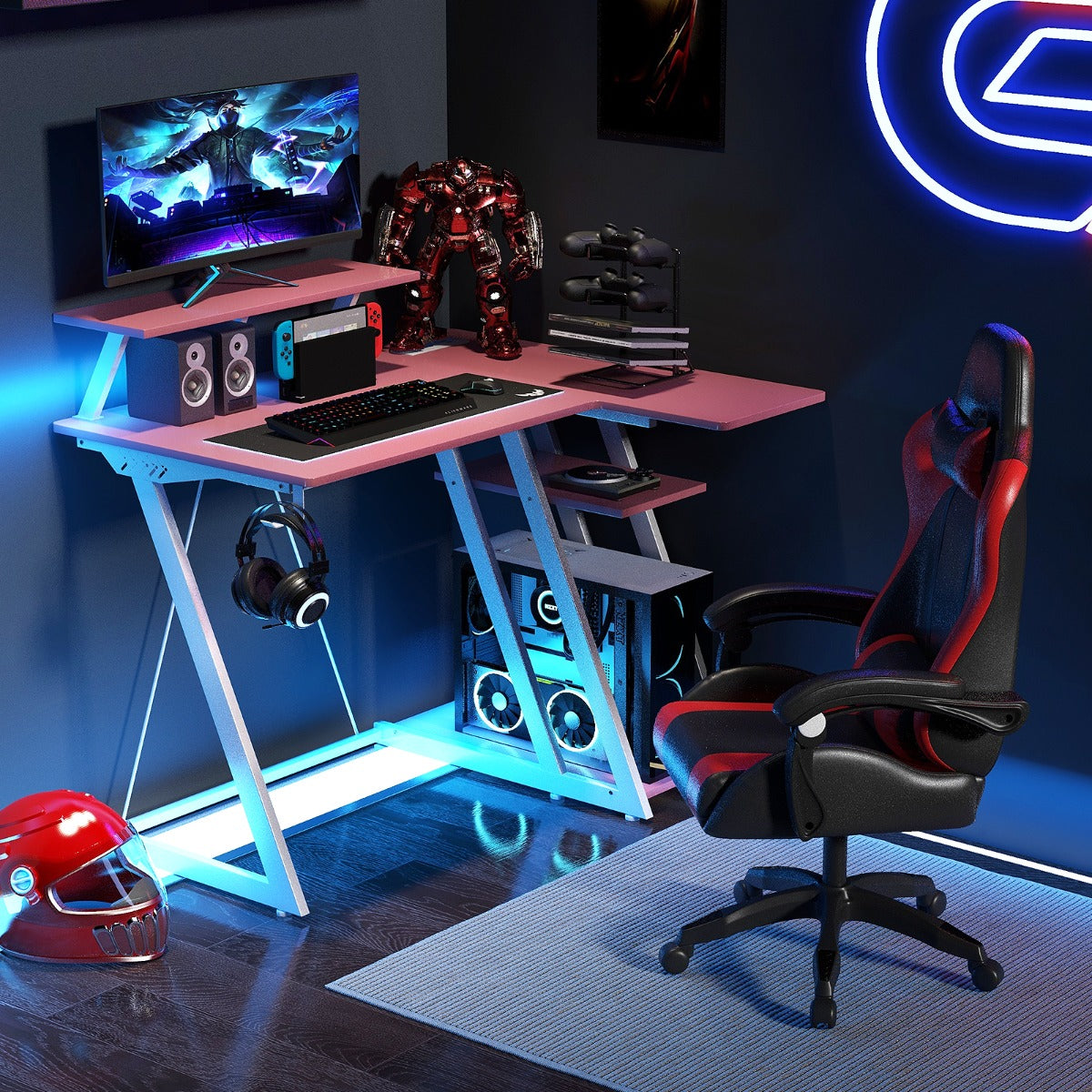 Escritorio Esquinero, Mesa Ordenador, Mesa Estudio, con Tomas de Corriente, Puertos USB, Rosa, Costway, 4