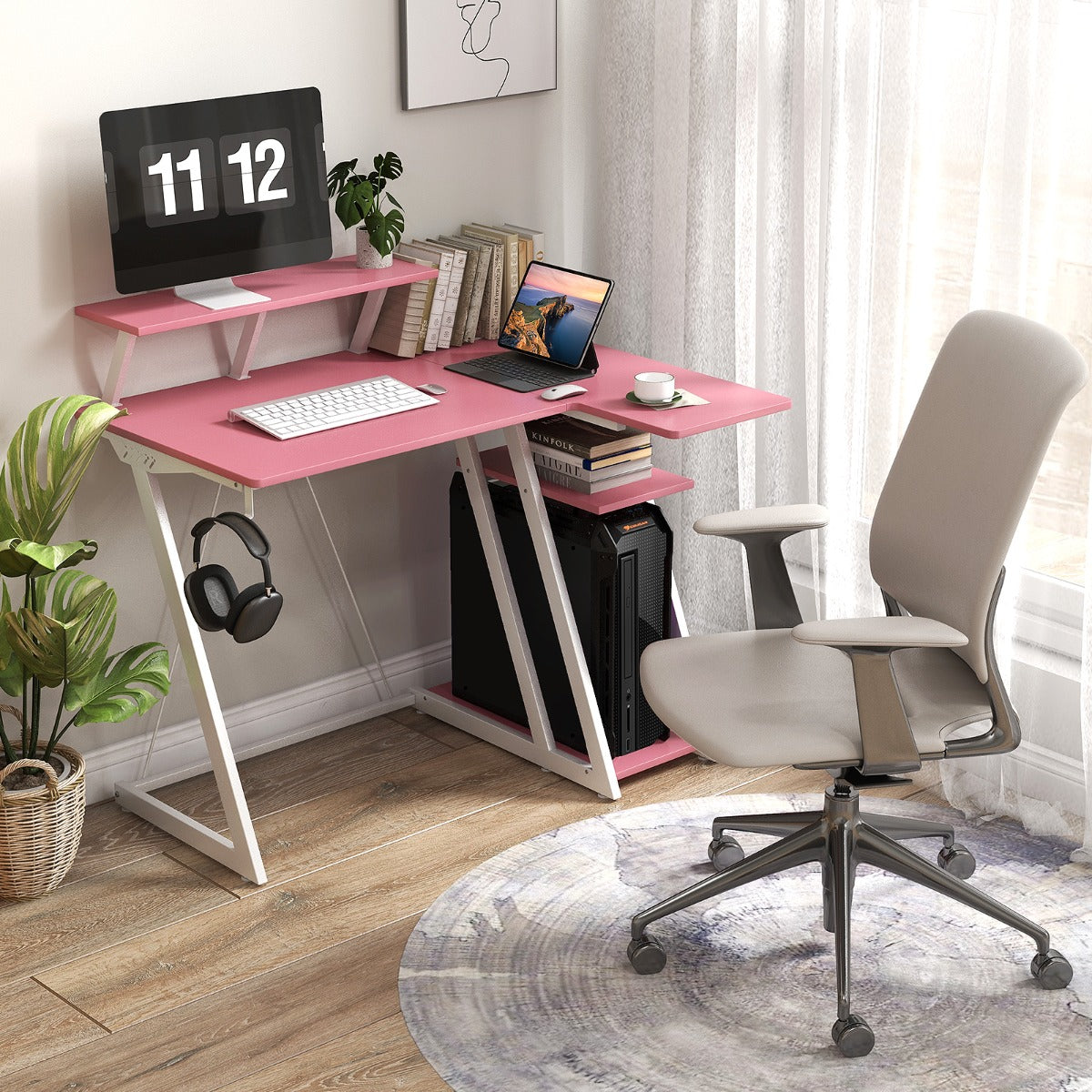 Escritorio Esquinero, Mesa Ordenador, Mesa Estudio, con Tomas de Corriente, Puertos USB, Rosa, Costway, 2