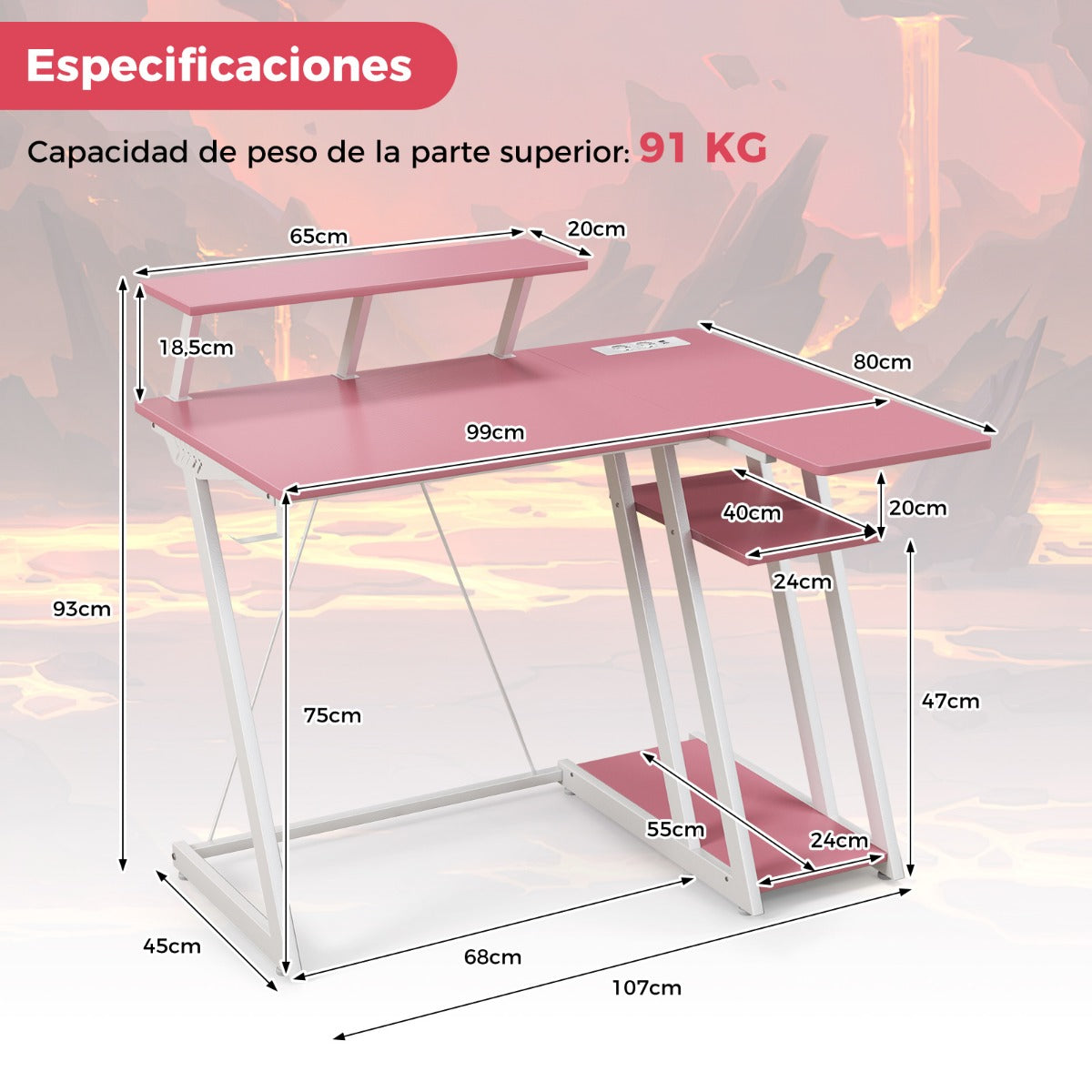 Escritorio Esquinero, Mesa Ordenador, Mesa Estudio, con Tomas de Corriente, Puertos USB, Rosa, Costway, 3