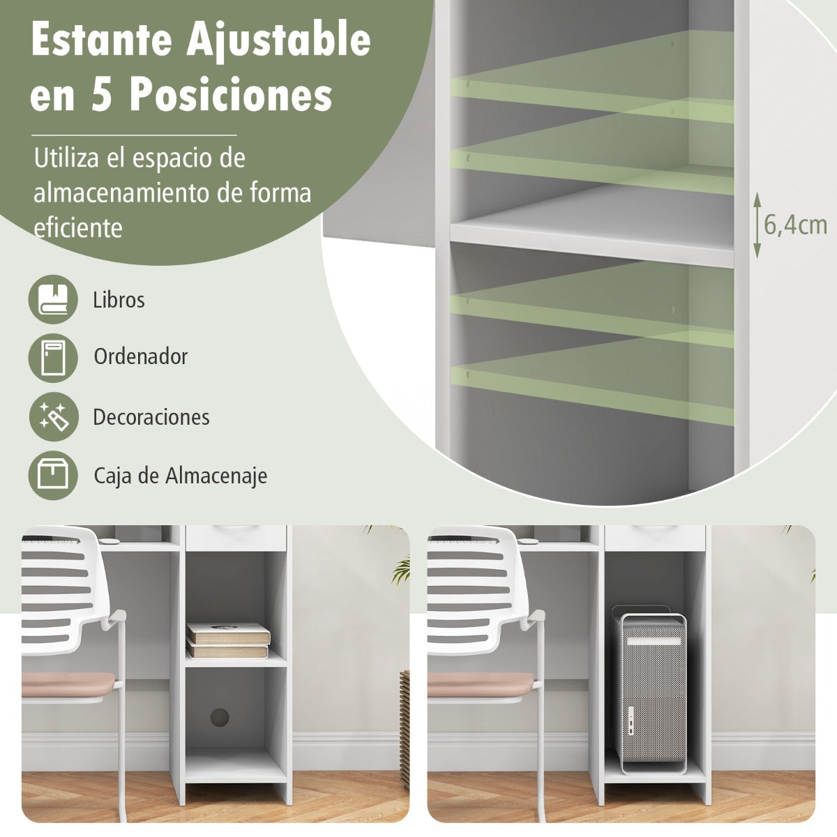 Mesa Escritorio, Escritorio Pequeño, Escritorio con Cajones, Mesa de Oficina, con Estante Ajustable Orificio Blanco, Costway, 8