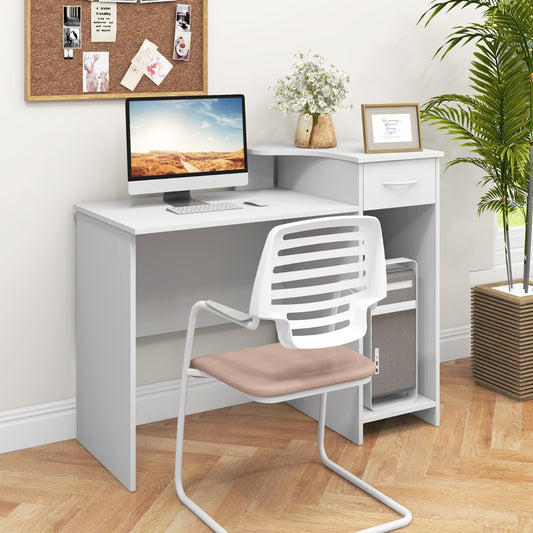 Mesa Escritorio, Escritorio Pequeño, Escritorio con Cajones, Mesa de Oficina, con Estante Ajustable Orificio Blanco, Costway, 2
