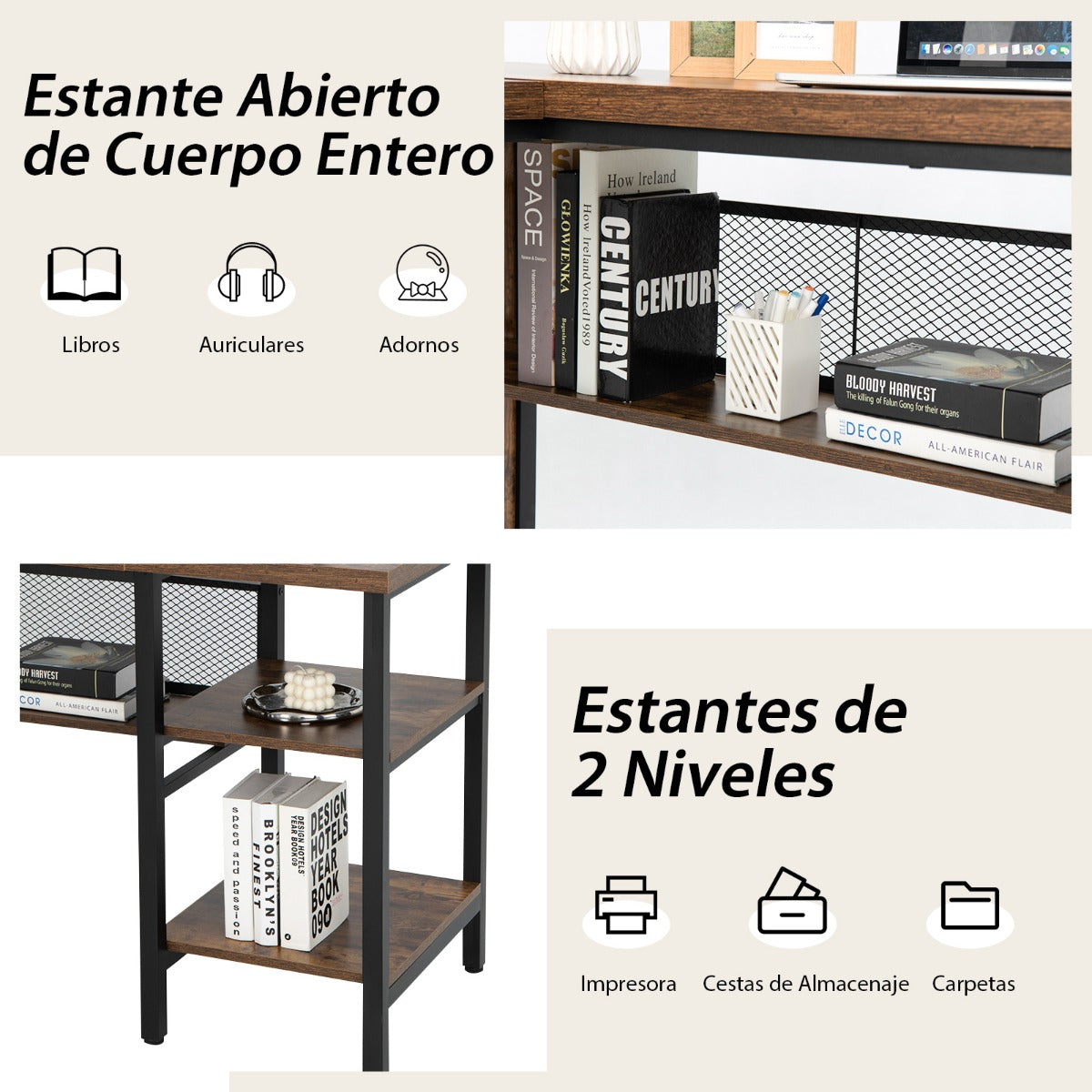 Escritorio Esquinero, Mesa Esquinera, Mesa Ordenador, Mesa de Oficina, Estante Abierto, 2 Niveles, Marrón, Costway, 8