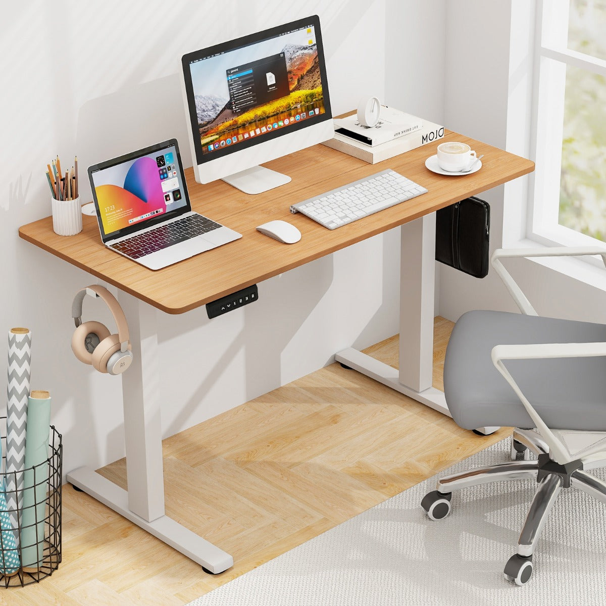 Escritorio Elevable, Mesa Regulable en Altura, con Tablero 4 Funciones de Memoria, Mesa Estudio, Natural, Costway, 2