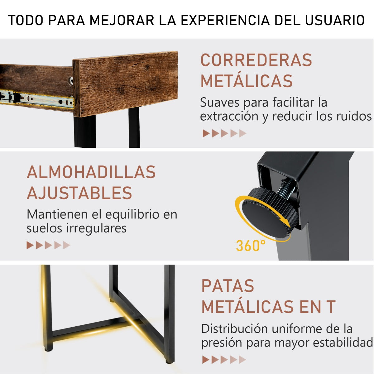 Mesa de Oficina, Mesa Escritorio, Escritorio con Cajones, Mesa Ordenador, Estructura de Metal Pies Ajustables, Marrón, Costway, 8