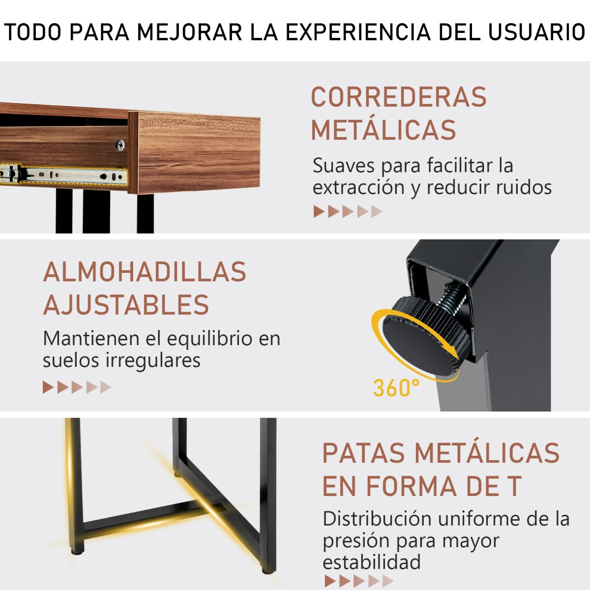 Mesa de Oficina, Mesa Escritorio, Escritorio con Cajones, Mesa Ordenador, con Estructura de Metal Pies Ajustables, Nuez, Costway, 8
