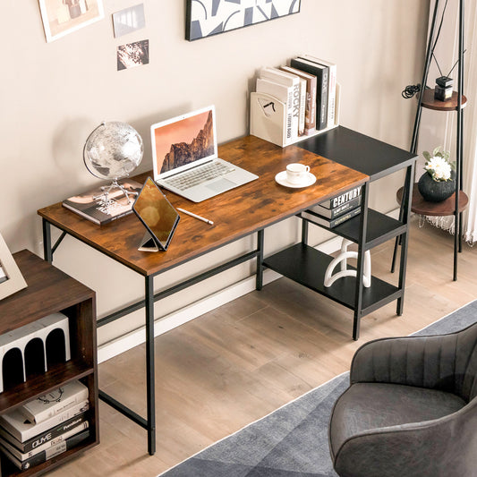 Mesa Ordenador, Mesa Escritorio, Mesa Estudio, con Estantes de Almacenamiento Marco Acero Industrial, Café, Costway, 2