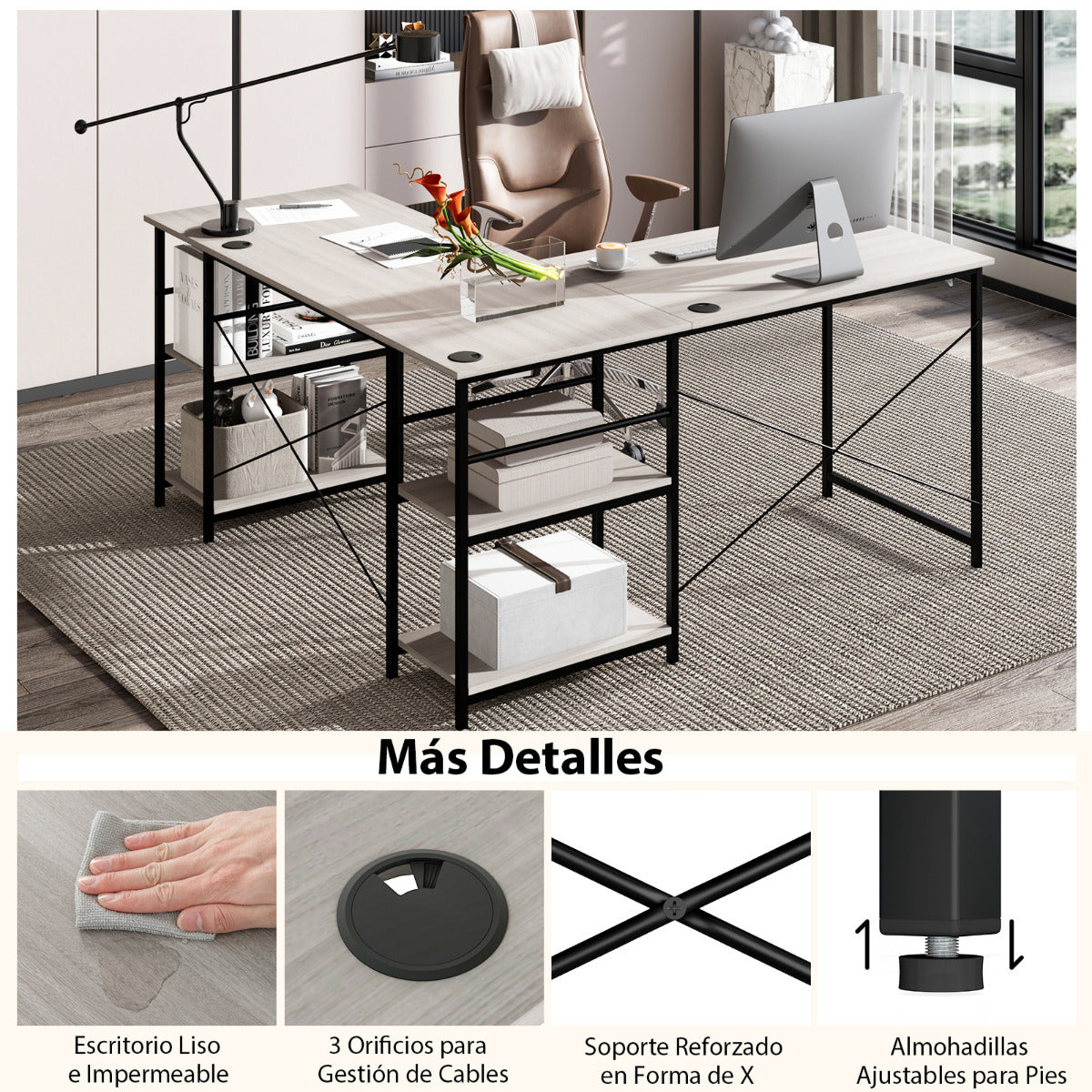 Escritorio Esquinero, Mesa Ordenador, Mesa Estudio, Mesa Esquinera, Mesa de Oficina, 2 Personas, Gris, Costway, 8