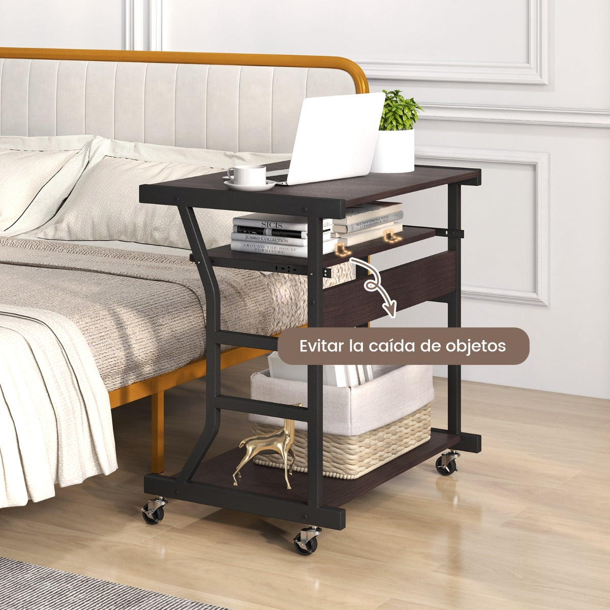 Escritorio Pequeño, Escritorio con Ruedas, Mesa Escritorio, Mesa Ordenador, Bandeja Extraíble, Marrón Oscuro, Costway, 8