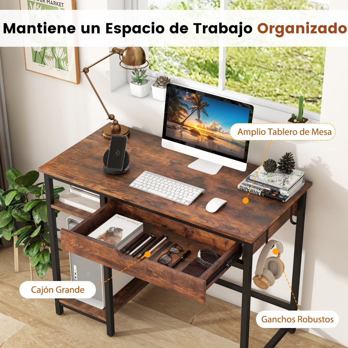 Mesa Escritorio, Escritorio con Cajones, Mesa Estudio, Escritorio Ordenador, Escritorio Pequeño, con Cajón, Marrón, Costway, 8